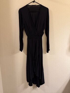 Women's Black Long Sleeve Wrap Dress with Smocked Waist